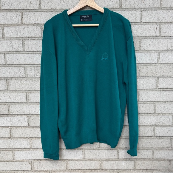 Men’s Vintage Christian Dior Monsieur Green/Teal V-Neck Sweat Sz L - Picture 1 of 5